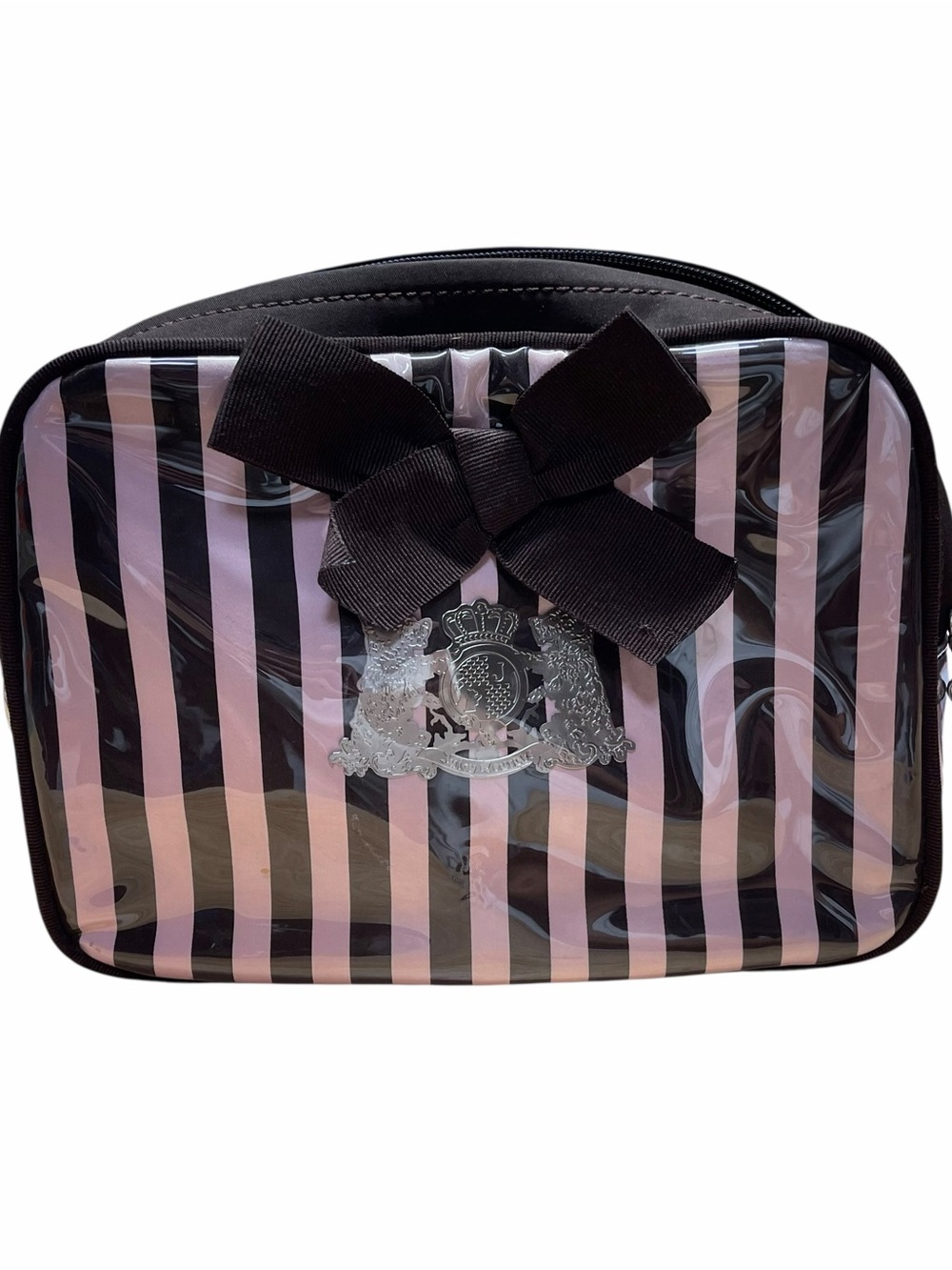 Juicy Couture Vintage Pink & Brown Stripe Cosmetic Makeup Bag Bow  Y2K